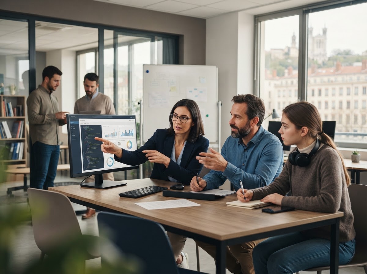 Investèque — équipe analysant des indicateurs de performance sur un poste de travail